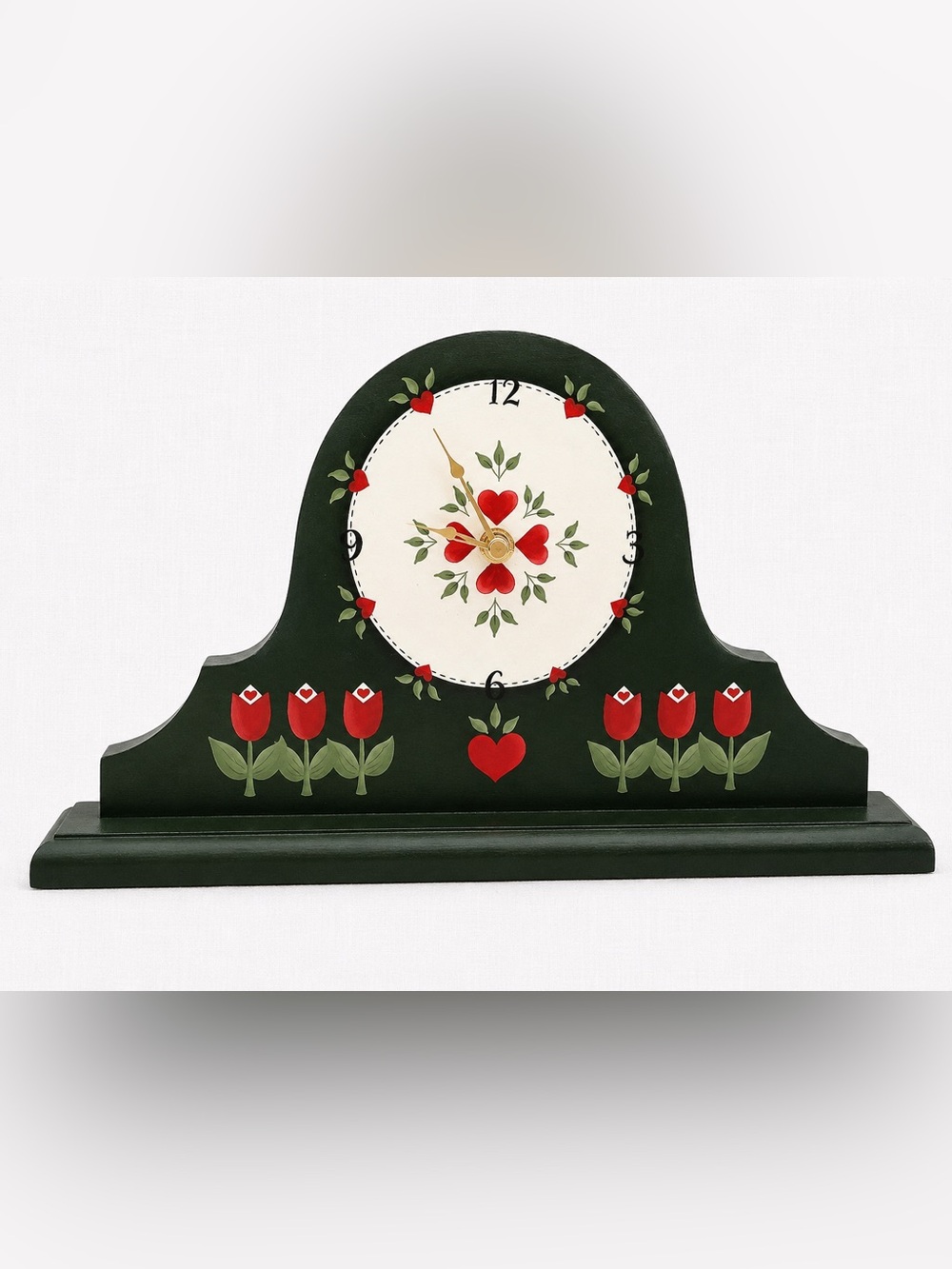 Vintage 90s Hand Painted Folk Art Mantel Clock Tulip & Heart Decor